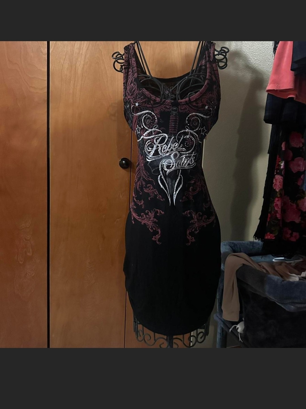 Rebel Saints Black and Burgundy Rhinestone Graphic Dress. XL